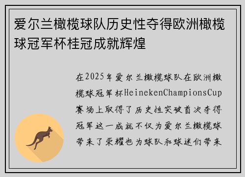 爱尔兰橄榄球队历史性夺得欧洲橄榄球冠军杯桂冠成就辉煌 爱尔兰橄榄球队历史性夺得欧洲橄榄球冠军杯桂冠成就辉煌