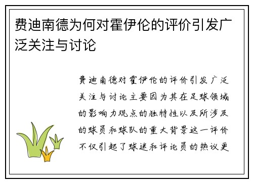 费迪南德为何对霍伊伦的评价引发广泛关注与讨论 费迪南德为何对霍伊伦的评价引发广泛关注与讨论