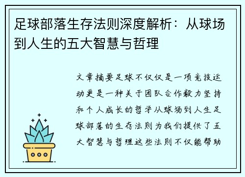 足球部落生存法则深度解析：从球场到人生的五大智慧与哲理